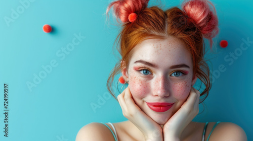 Vibrant Portrait of Playful Young Woman with Striking Red Hair and Freckles