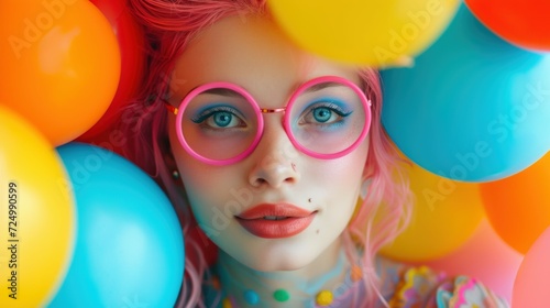 Pink Celebration of Trendy Girl with Vibrant Balloons, Embodying the Joy of Party Time in a Cheerful Portrait © Gejsi