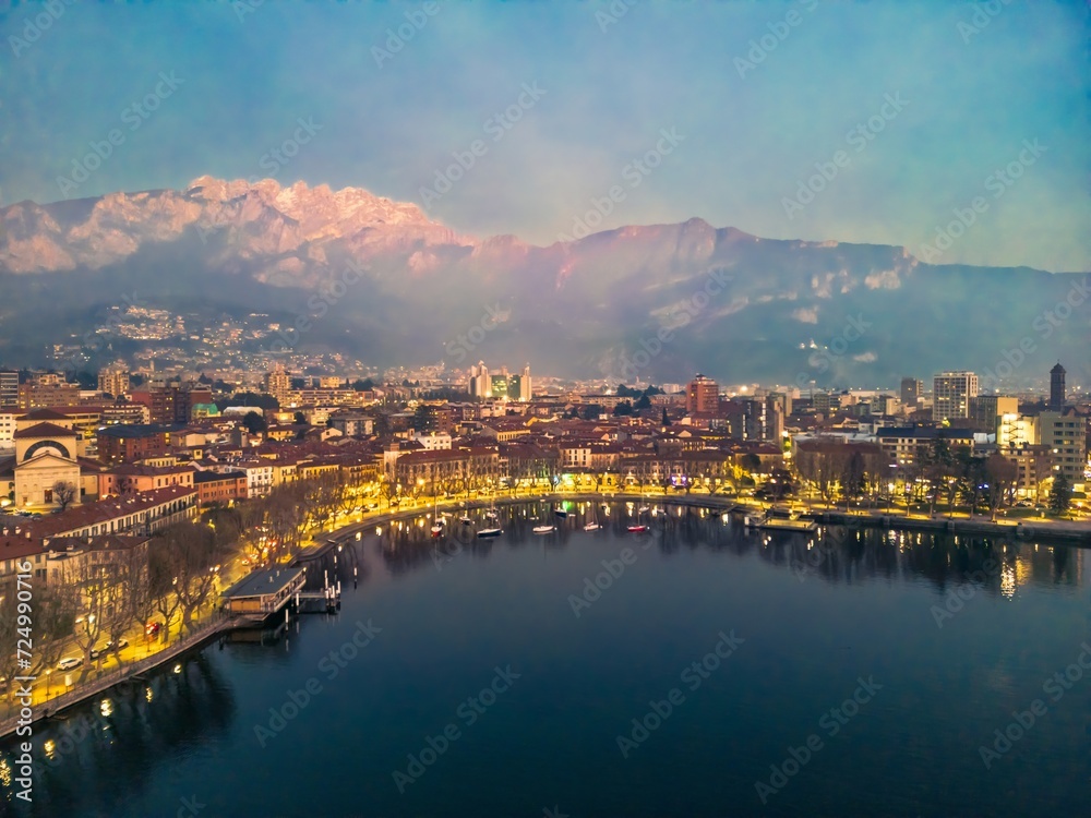 Sunset Over Lecco: An Aerial Perspective. Mount Resegone in the background - obrazy, fototapety, plakaty 