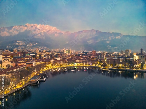 Sunset Over Lecco: An Aerial Perspective. Mount Resegone in the background photo