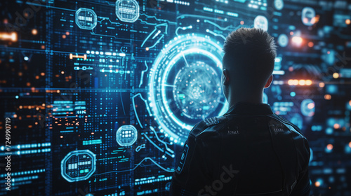A cybersecurity expert analyzing digital HUD interfaces and data streams, vigilantly monitoring network defenses and encryption protocols to protect against cyber threats  photo