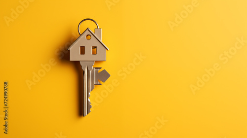 Key in a house shape in the keyhole of the door. Buy a new house concept. Real estate market. Text space and soft yellow background. photo