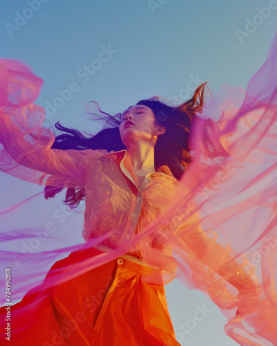 Vivid portrayal of a woman in orange dress with wind-blown fabric on a blue backdrop. Concept of freedom, vibrant energy, and dynamic fashion