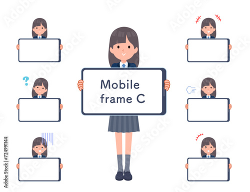 スマートフォンの画面と紺ブレザー女子学生のセット