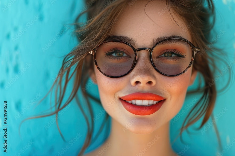 A happy woman with sunglasses, red lips, and an open mouth, looking ahead A happy woman with sunglasses, red lips, and an open mouth, looking ahead
