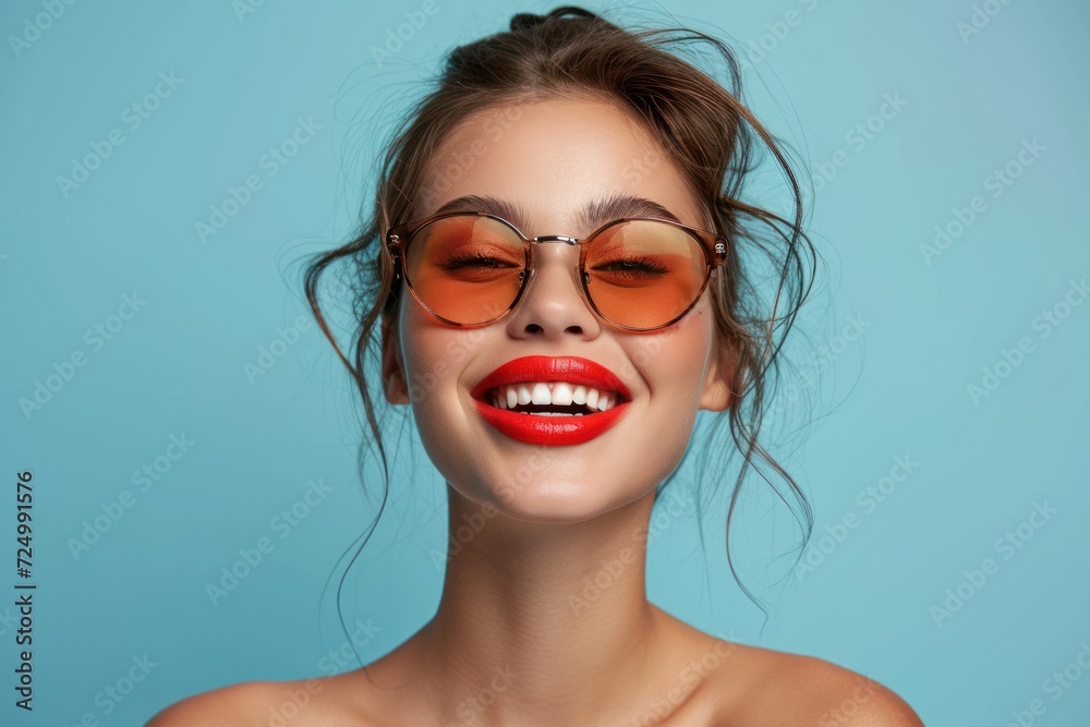 A happy woman with sunglasses, red lips, and an open mouth, looking ahead A happy woman with sunglasses, red lips, and an open mouth, looking ahead