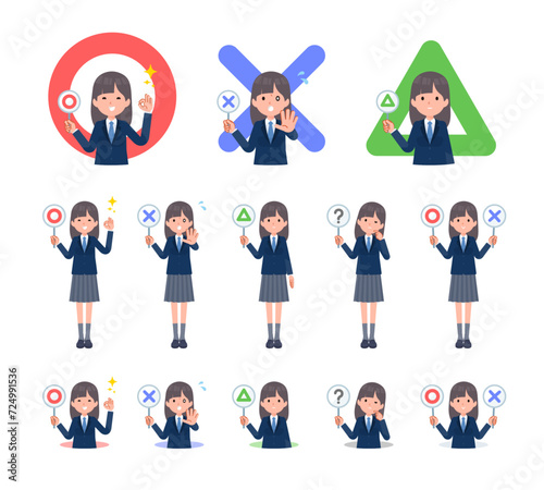 まるばつプレートを持った紺ブレザー女子学生のセット