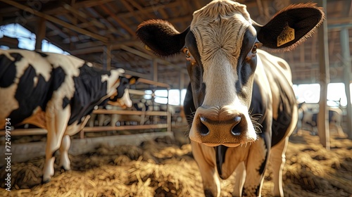 Portrait of a cow in close-up. The cow is looking straight into the frame. The cow's curious gaze draws you in, as if it's trying to communicate with you through its eyes.