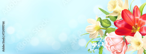 Delicate banner with spring flowers. Template for greeting, invitation, advertising with place for text. Vector illustration.