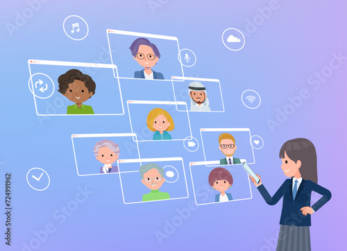 スマートフォンを使ってオンラインコミュニケーションをとっている紺ブレザー女子学生のセット