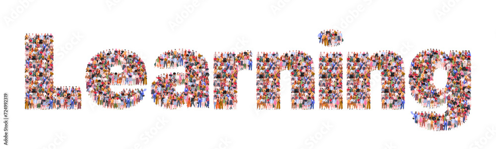 Large group of people forming word Learning. Time to study. Concept for trainings, seminars, back to school, online courses, education, knowledge. Flat vector illustration isolated on white background Large group of people forming word Learning. Time to study. Concept for trainings, seminars, back to school, online courses, education, knowledge. Flat vector illustration isolated on white background