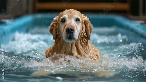 Hydrotherapy for Pets: Rehabilitation session in a water treadmill" ,[treatment and care of pets]