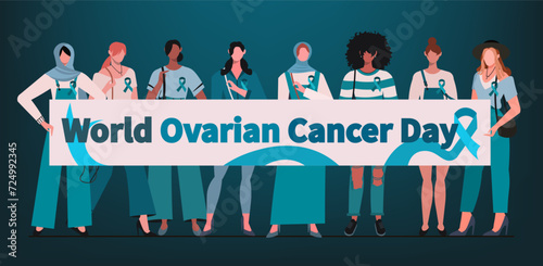 A group of diverse modern women with teal color ribbon holding a poster that reads World Ovarian Cancer Day. This image is suitable for banners, posters, social media, and templates.