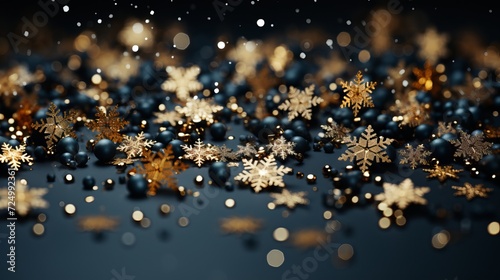 Magical winter background with intricate gold and navy snowflakes shimmering in the frosty air