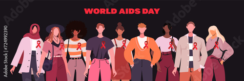 Every year on and December 1th is the celebration of World AIDS Day. A group of young modern people in casual clothes with red ribbons. Medicine and Healthcare concept. Flat vector illustration 