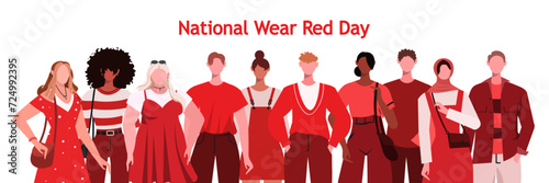 National Wear Red Day is an event aimed at raising awareness about cardiovascular disease and saving lives. Group of young people wearing red clothes. Join the cause by wearing red.