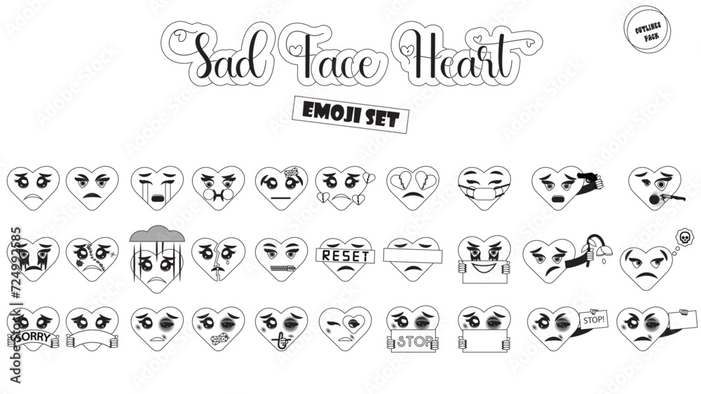 Outlines heart set. Set of emoji sad heart isolated on white background. Depressive emoji. Single emoji. Black & white, lonely. love symbol. broken heart. domestic violence. concept - Stock vector