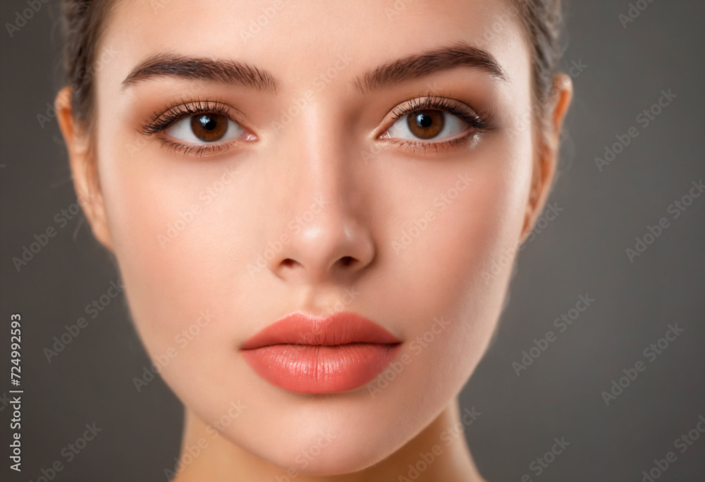 Beautiful young woman with clean fresh skin on grey background, closeup Beautiful young woman with clean fresh skin on grey background, closeup