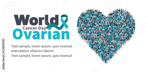Large group of people in the shape of a teal color heart. World Ovarian Cancer Day. Ovarian Cancer month, cervical cancer day. Medicine and Healthcare concept. Flat vector illustration 