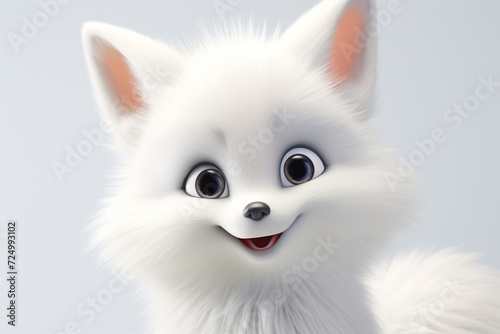 Adorable 3D cartoon white fox close-up portrait on a white background.