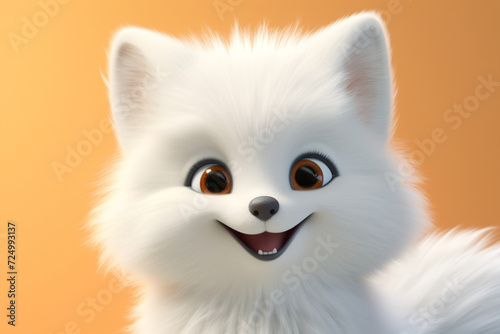 Adorable 3D cartoon white fox close-up portrait on a yellow background.