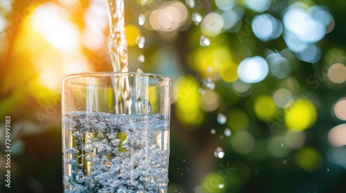 water pouring into a glass with sunlight in the backdrop, embodying the essence of refreshment and healthy hydration during the summer season