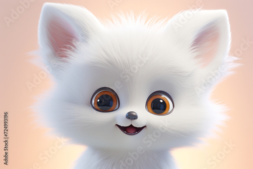 Adorable 3D cartoon white fox close-up portrait on a white background.