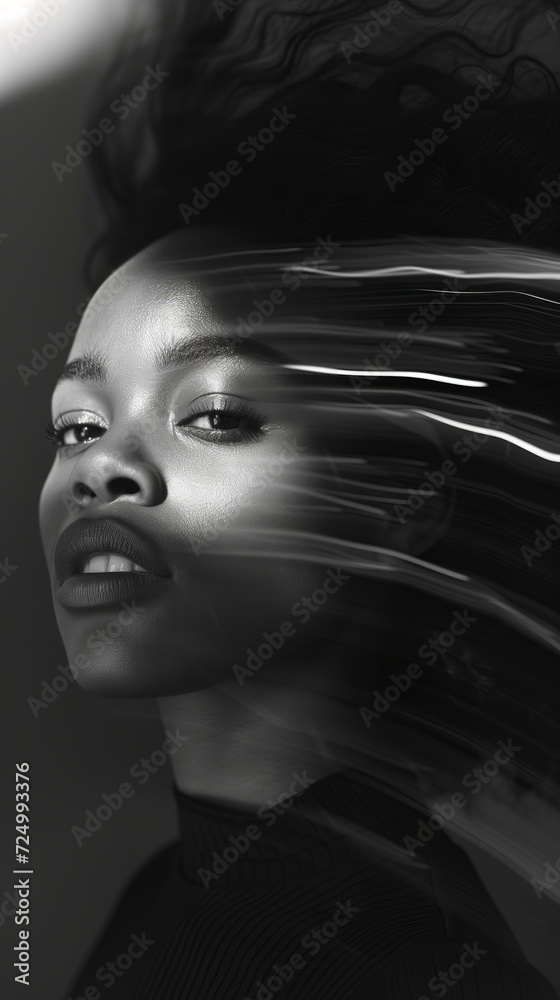 black womans portrait turning face long exposure, black and white, stylish, blur