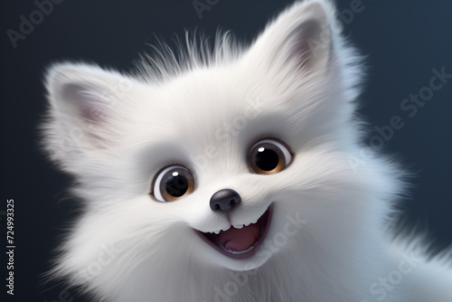 Adorable 3D cartoon white fox close-up portrait on a dark blue background.