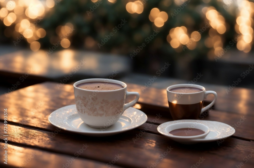 Obraz premium Cup of hot chocolate with cinnamon on wooden table, closeup