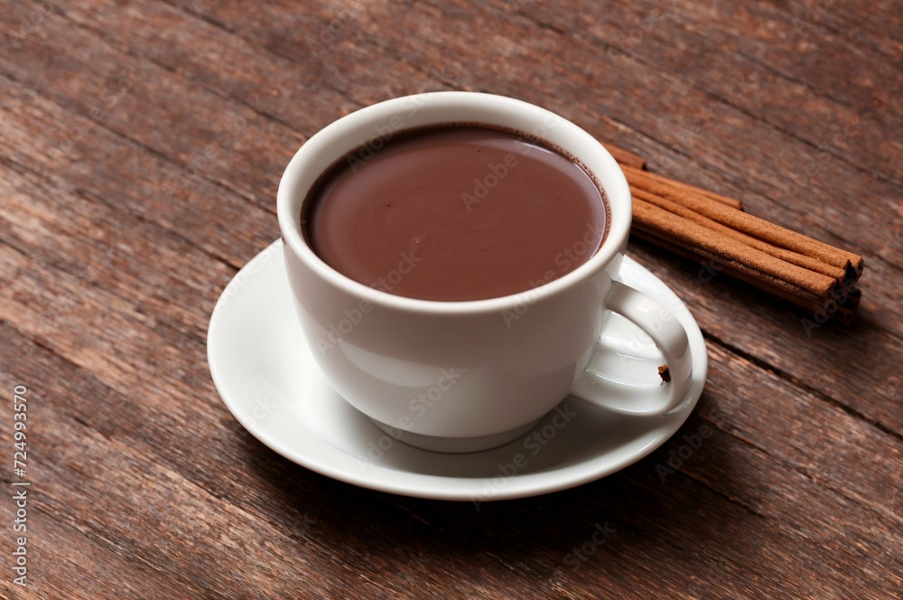 Cup of hot chocolate with cinnamon on wooden table, closeup Cup of hot chocolate with cinnamon on wooden table, closeup