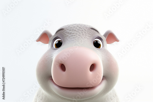 Adorable 3D cartoon hippopotamus close-up portrait on a white background.