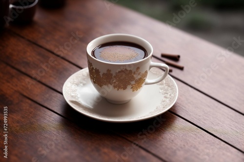 Cup of hot chocolate with cinnamon on wooden table, closeup