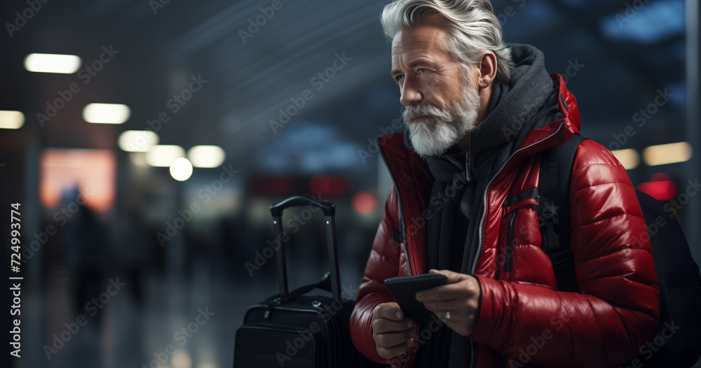 senior man with luggage talking on a phone in the airport