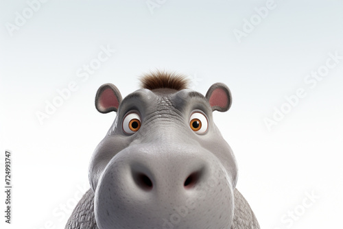 Adorable 3D cartoon hippopotamus close-up portrait on a white background.