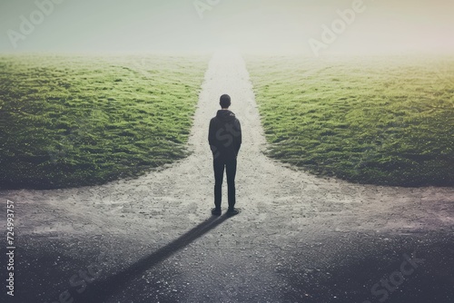 Conceptual image of a person standing at a crossroads, symbolizing decision making and choices