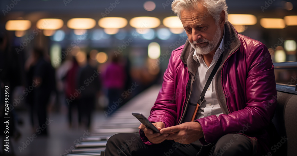 senior man with luggage talking on a phone in the airport