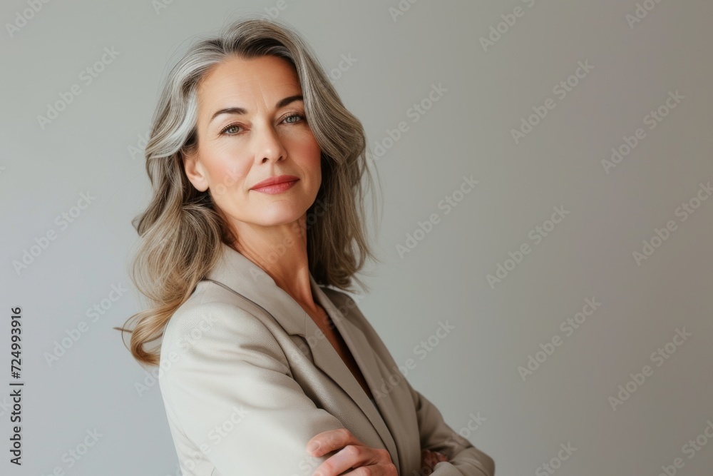 Elegant middle-aged woman in formal attire, posing with confidence, isolated on a plain background Elegant middle-aged woman in formal attire, posing with confidence, isolated on a plain background