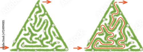 Green hedge maze vector Illustration. Top view of the open air triangular labyrinth made of garden bushes and grass with flowers. Very easy education logic game for little kids.