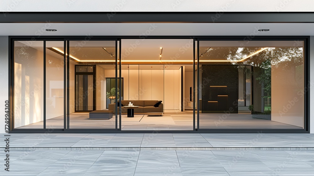 Aesthetic home entrance with large glass sliding doors with lots of copy space - obrazy, fototapety, plakaty 