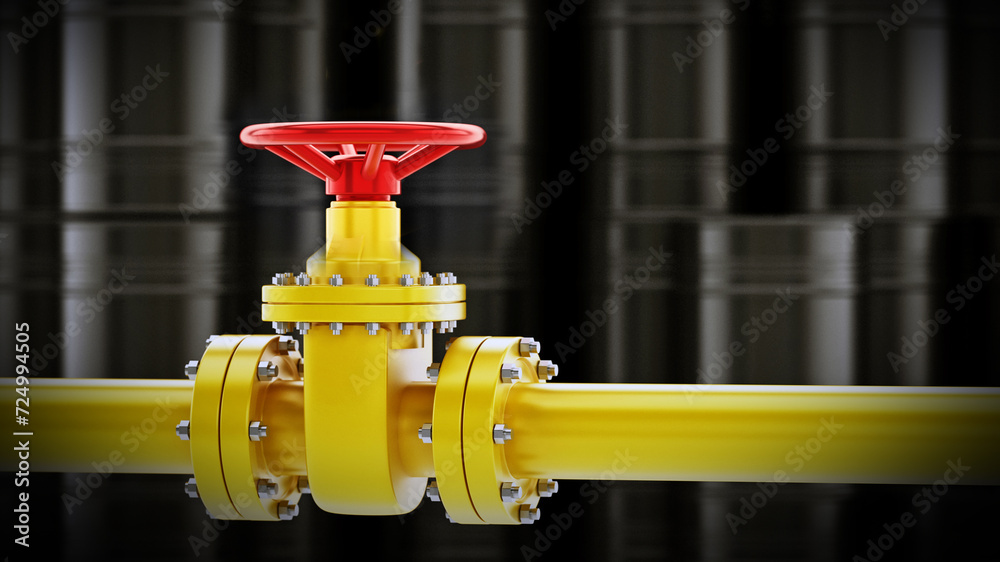 Yellow oil pipe with valve against black oil drums background. 3D illustration Yellow oil pipe with valve against black oil drums background. 3D illustration