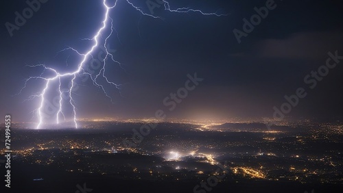 lightning in the city This is a photo realistic image of a lightning strike over a city at night, creating a stunning contrast between the bright white bolt and the dark blue 