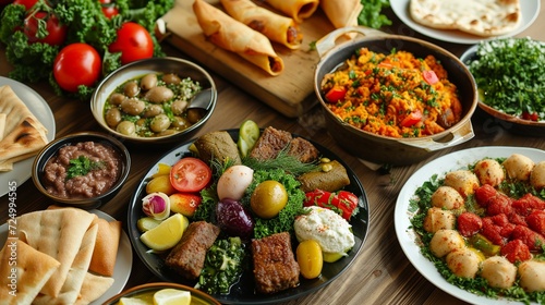 Arabic Cuisine;Middle Eastern traditional dishes and assorted meze. Vine leaves, kibbeh,chicken fatteh, spring rolls, sambusak, kibbeh nayyeh, makdous, haloumi, olives, eggplant fatteh and salads. photo