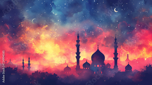 Mosque and minarets under moonlit stars, Ramadan photo