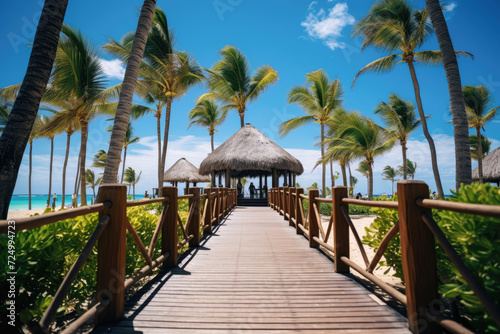 Wooden bridge on the beach with palm trees and blue sky.