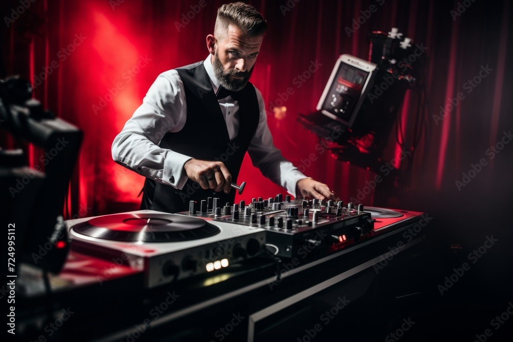 Amidst a sea of electronic equipment, a stylish man in a bow tie commands the stage as he mixes beats on his trusty cdj, captivating the indoor concert with his audio engineering skills Amidst a sea of electronic equipment, a stylish man in a bow tie commands the stage as he mixes beats on his trusty cdj, captivating the indoor concert with his audio engineering skills
