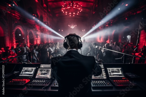 A lone figure immersed in sound, surrounded by a sea of eager faces, skillfully controls the beats and melodies of the night on his dj console at an electrifying indoor concert photo