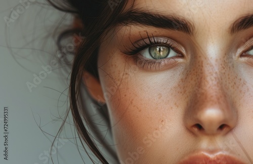 Close-up portrait of a woman with striking green eyes and freckles, exuding natural beauty and intensity.
