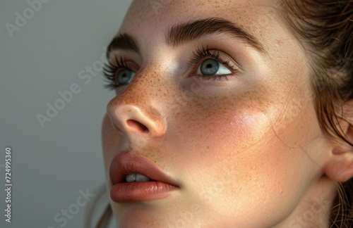Close-up of a young woman's face with natural makeup, highlighting clear skin and captivating eyes