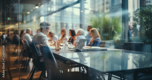 A group of people meet at a conference table inside a glass room.